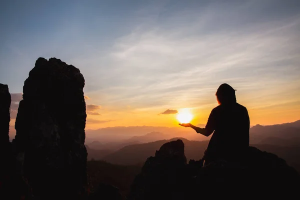 Silhouette Man Rise Hand Praying Top Mountain Sunset Sky Abstract — Stockfoto