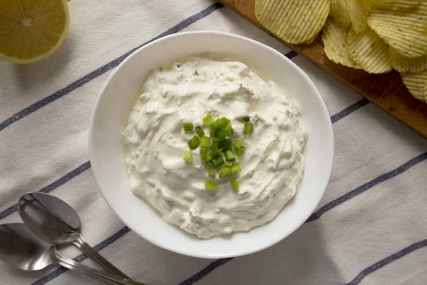 Homemade Clam Dip Potato Chips Top View Flat Lay Overhead — Stock Photo, Image
