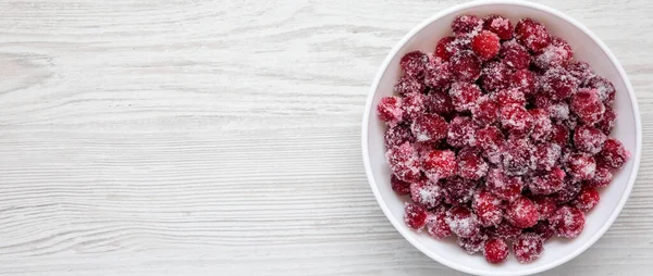 Red Sugared Cranberries Bowl Top View Flat Lay Overhead Copy — Stock Photo, Image
