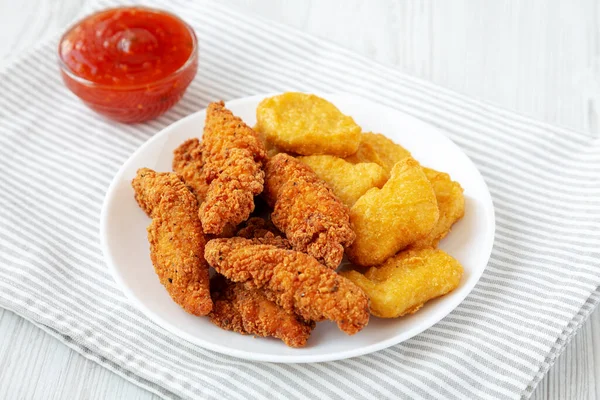 Homemade Nuggets Chicken Tenders Sweet Sour Sauce White Wooden Background — Stock Photo, Image