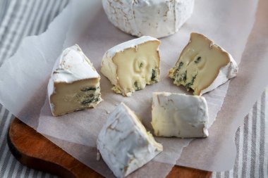 Kırsal tahta üzerinde Alp Mavisi Peyniri, yan manzara.. 