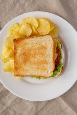 Ev yapımı Bologna ve peynirli sandviç, tabakta patates kızartması, en iyi manzara. Dümdüz, tepeden, yukarıdan.