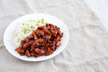 Beyaz pirinçli ev yapımı Teriyaki tavuğu. Metin için boşluk.