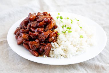 Beyaz pirinçli ev yapımı Teriyaki tavuğu. Düşük açılı. Yakın plan.. 