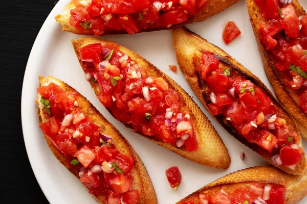 Homemade Italian Tomato Bruschetta Basil Plate Top View Flat Lay — 图库照片