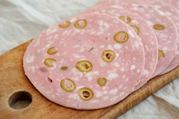 Organic Sliced Mortadella Sausage Olives Rustic Wooden Board Side View — Stock Photo, Image