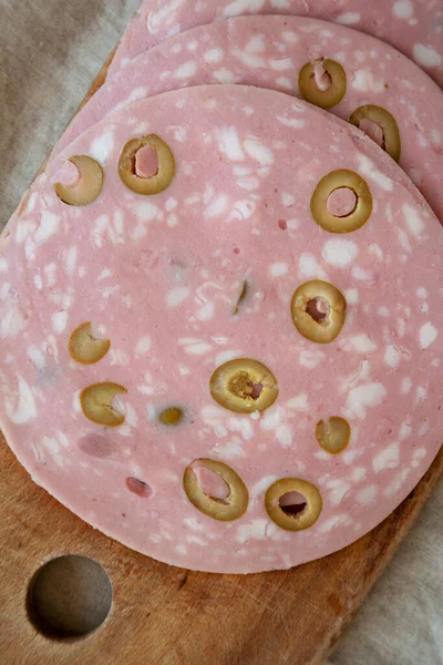 Organic Sliced Mortadella Sausage Olives Rustic Wooden Board Top View — Stock Photo, Image