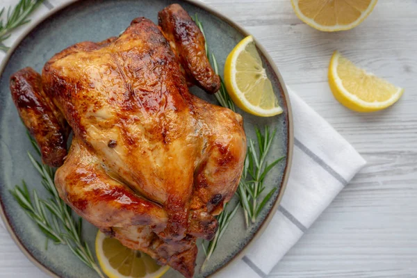 Homemade Lemon Herb Rotisserie Chicken Plate Top View Flat Lay — Photo