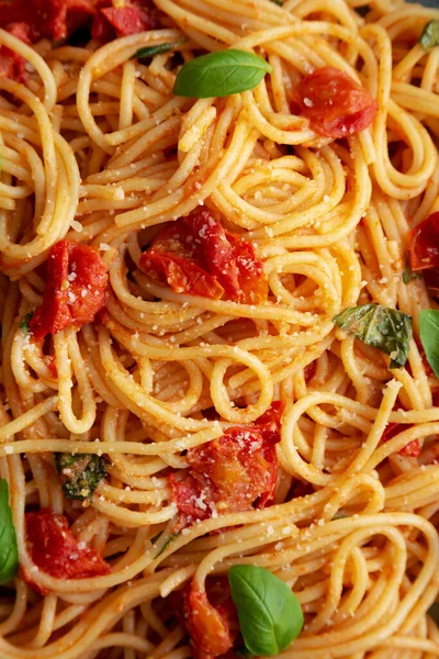 Homemade Spaghetti Pasta Fresh Tomato Sauce Top View Flat Lay — Stockfoto