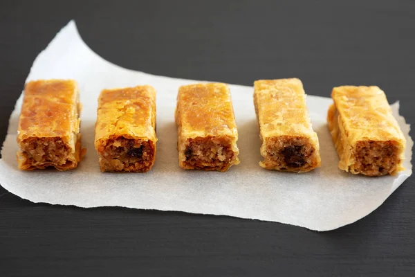 Homemade Baklavas Honey Chocolate Almond Black Background Side View Close — Stock fotografie