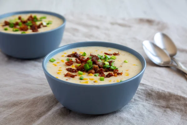 Homemade Corn Chowder Bacon Bowls Side View — Stock fotografie