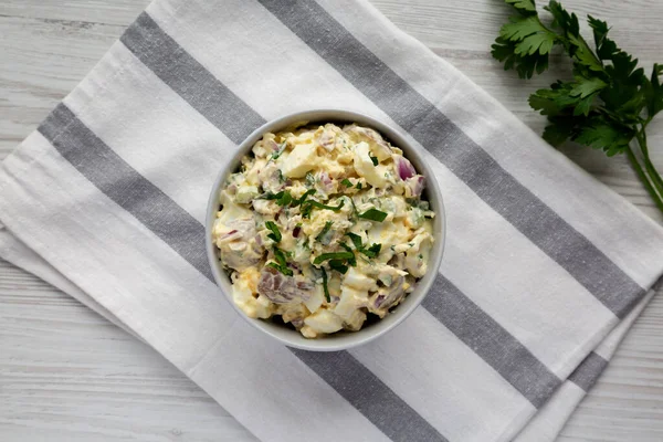 Homemade Healthy Potato Salad Eggs Bowl Top View Flat Lay — Stockfoto