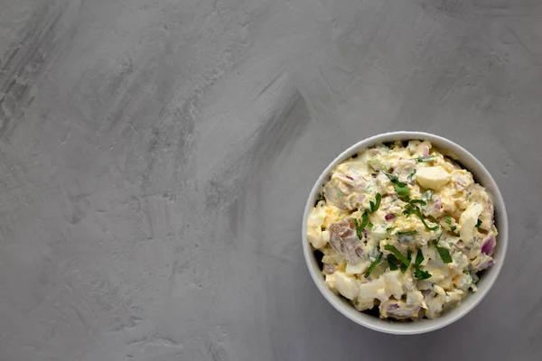 Homemade Healthy Potato Salad Eggs Bowl Gray Surface Top View — 图库照片