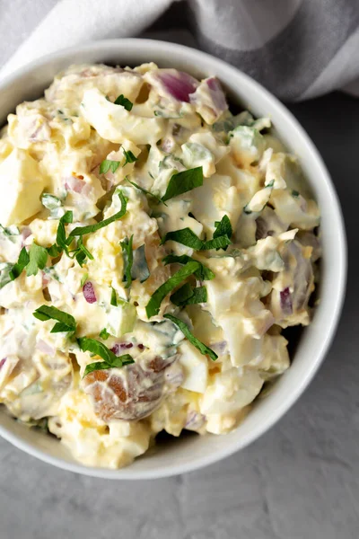 Homemade Healthy Potato Salad Eggs Bowl Gray Surface Top View — Stockfoto
