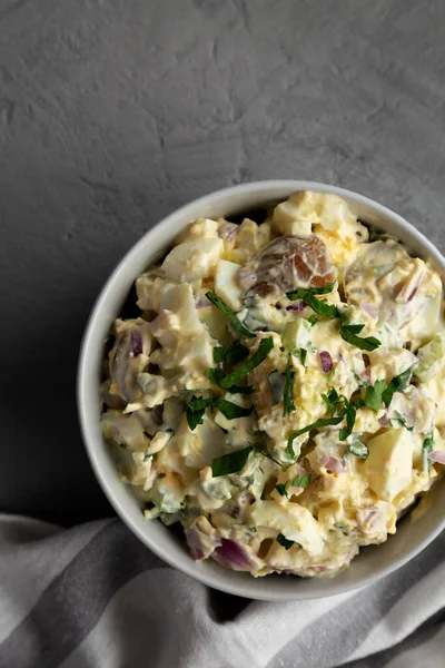 Homemade Healthy Potato Salad Eggs Bowl Gray Background Top View — Stockfoto