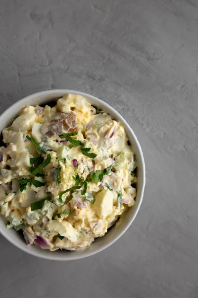 Homemade Healthy Potato Salad Eggs Bowl Gray Background Top View — 图库照片