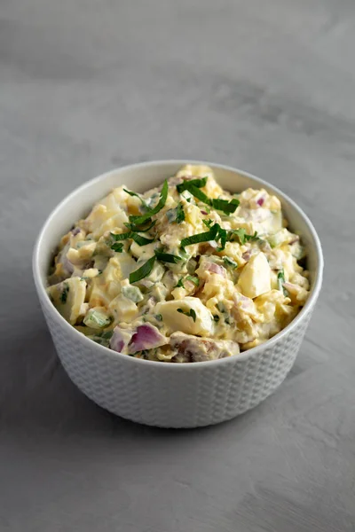 Homemade Healthy Potato Salad Eggs Bowl Gray Background Side View — 图库照片