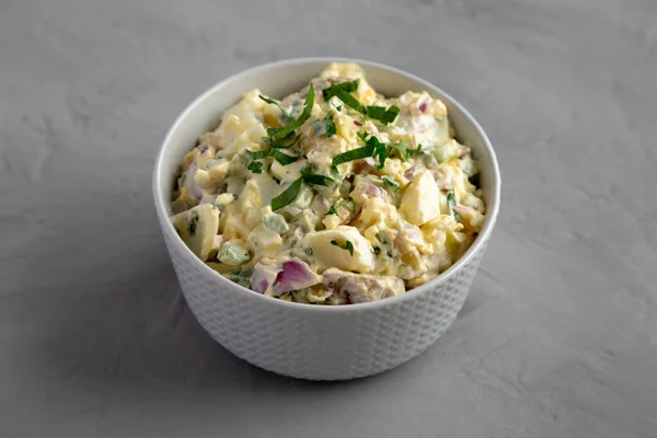 Homemade Healthy Potato Salad Eggs Bowl Gray Background Side View — 图库照片