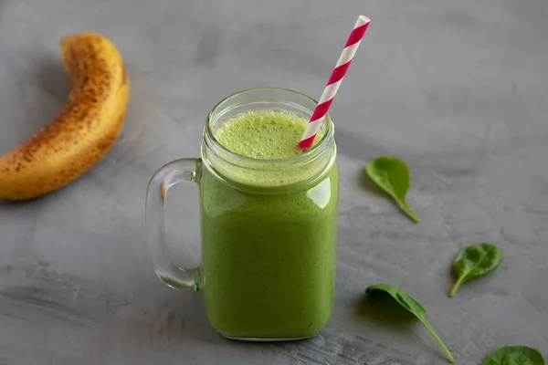 Homemade Greek Yogurt Green Smoothie Spinach Banana Jar Side View — Fotografia de Stock