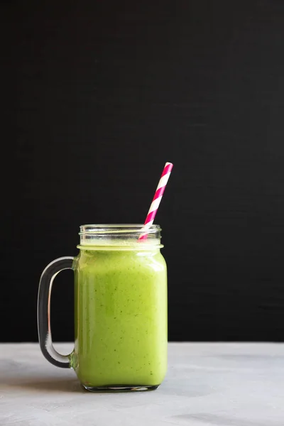 Homemade Greek Yogurt Green Smoothie Spinach Banana Jar Side View — Stockfoto