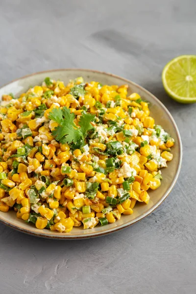 Homemade Mexican Street Corn Esquites Plate Gray Surface Side View — Stockfoto