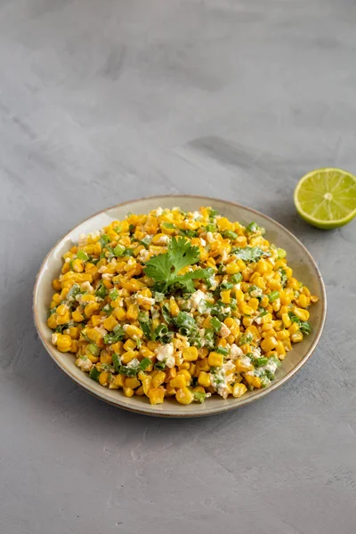 Homemade Mexican Street Corn Esquites Plate Gray Background Side View — Stockfoto