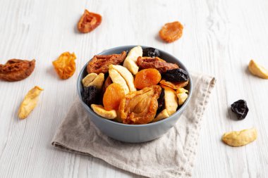 Organic healthy fruit mix in a bowl, low angle view.