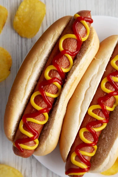 Homemade Hot Dog Ketchup Yellow Mustard Chips Plate Top View — Fotografia de Stock