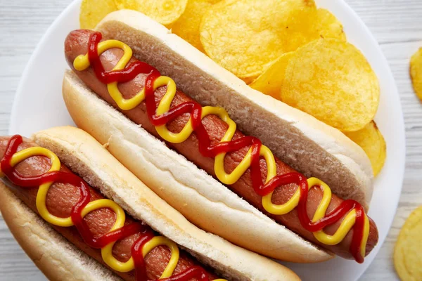 Homemade Hot Dog Ketchup Yellow Mustard Chips Plate Top View — Fotografia de Stock