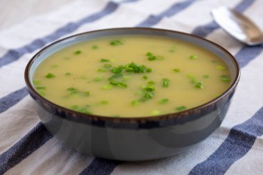 Homemade Potato Leek Soup in a Bowl, low angle view. Close-up.
