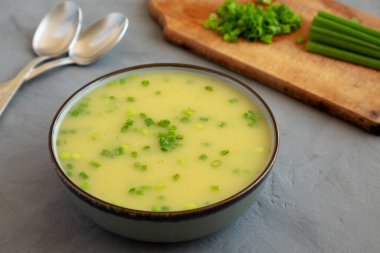 Homemade Potato Leek Soup in a Bowl on a gray background, low angle view. 