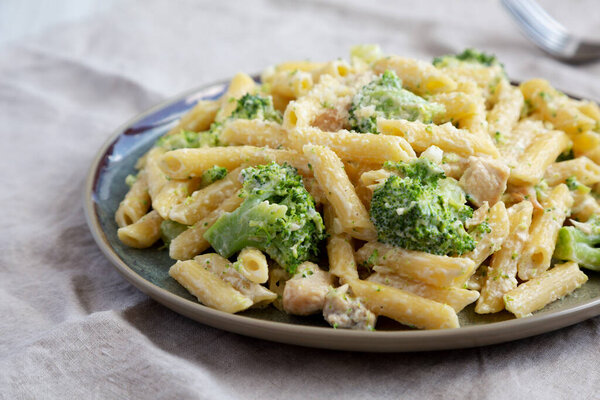 Homemade Penne Alfredo Pasta with Chicken and Broccoli on a Plate, side view. Close-up.