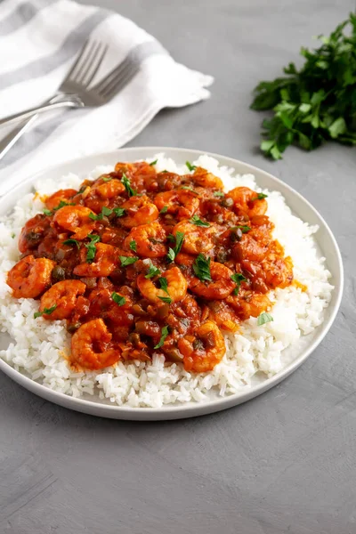Homemade Cuban Shrimp Creole Plate Gray Surface Side View — Stock Photo, Image