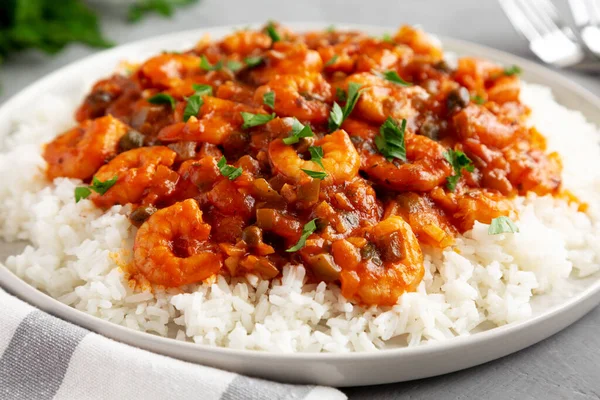 Homemade Cuban Shrimp Creole Plate Gray Surface Side View — Stock Photo, Image