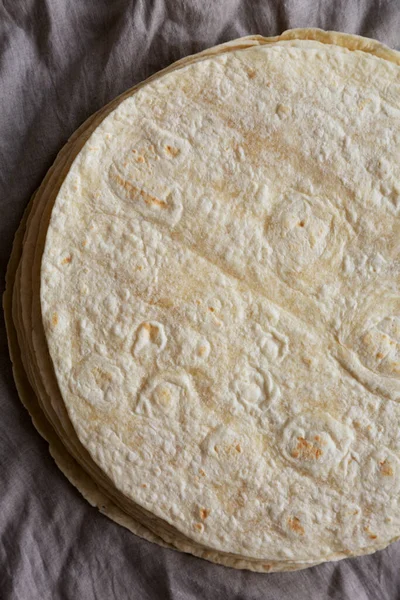 Tortillas Harina Trigo Caseras Una Pila Vista Superior Acostado Plano — Foto de Stock