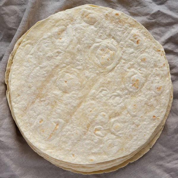 Tortillas Harina Trigo Caseras Una Pila Vista Superior Acostado Plano — Foto de Stock