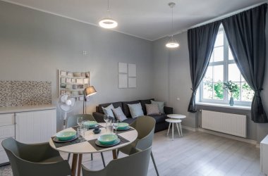 Gri renkli stüdyo dairesinin modern iç mimarisi. Oturma odasında rahat bir kanepe. Yemek masası hazır..