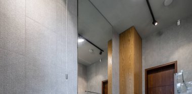Banyo 'nun modern iç mekanı. Gri ve ahşap dizayn. Lambalı tavan.