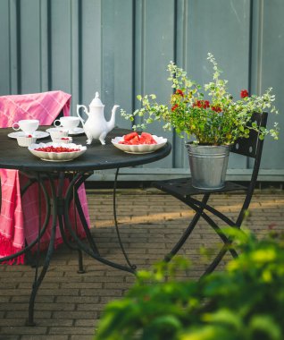 Açık havada yaz tatili. Masa ve sandalye dışarıda. Beyaz çay takımı. Tabakta böğürtlen. Pembe ekose. Kovadaki çiçekler..