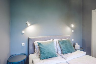 Gri tonlarda modern yatak odası. Lüks daire. Büyük boy yatak. Kapalı kapı.