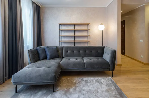 Сучасний інтер'єр світлої вітальні в квартирі. Затишний сірий диван . — стокове фото
