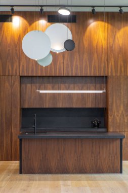 Lüks dairenin modern iç mimarisi. Şık ahşap mutfak. Siyah sayaç.