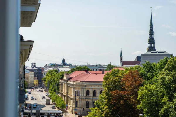 Scenic Cityscape Riga Latvia Top View Road Tramway Parking Cars — Stock Photo, Image