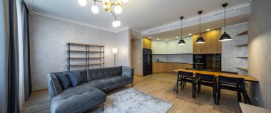 Stüdyo dairenin modern iç mekanı. Ahşap ve siyah mutfak. Kanepe.