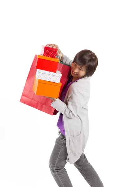 Lady holding bags and gift box with happy action, full length po — Stock Photo, Image