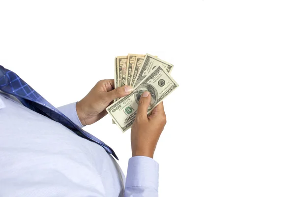 Many dollars falling on man's hand with money — Stock Photo, Image