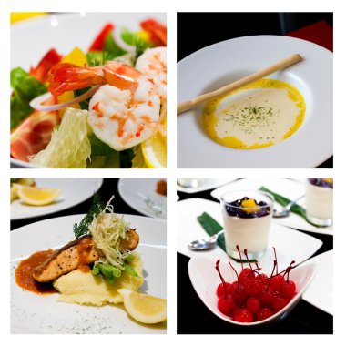 Collage (set) from various kinds of restaurant menu dishes clipart