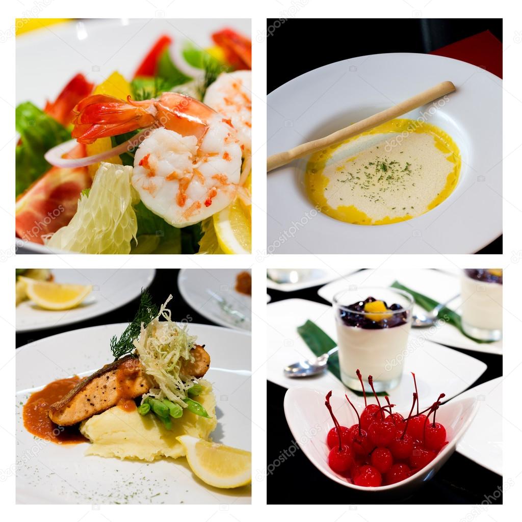 Collage (set) from various kinds of restaurant menu dishes