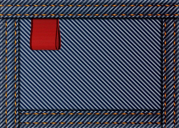 Denim blu tessuto vettoriale sfondo tessile con un tag nastro rosso — Vettoriale Stock