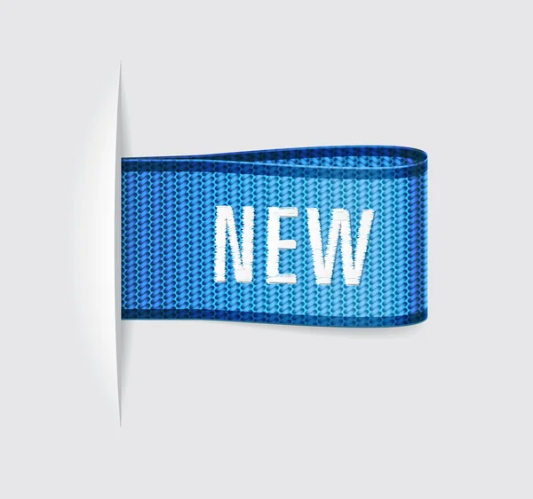 Blaues Vektor-Textillabel mit gesticktem Wort "neu" — Stockvektor